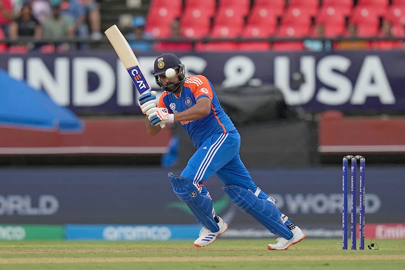 Rohit Sharma plays a shot against England